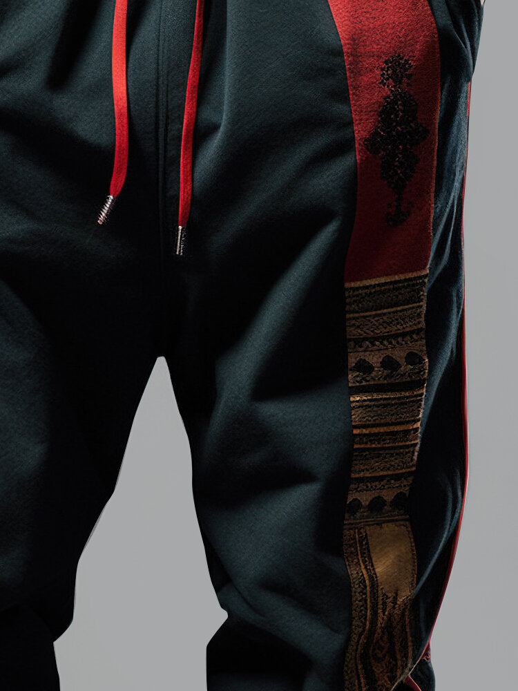 Mens Ethnic Totem Print Patchwork Loose Drawstring Waist Pants
