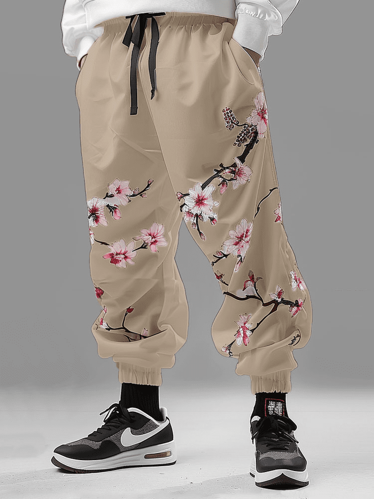 Mens Japanese Floral Print Drawstring Waist Loose Elastic Cuff Pants