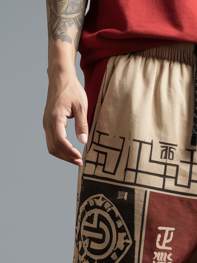 Mens Chinese Tribal Geometric Print Patchwork Drawstring Waist Pants