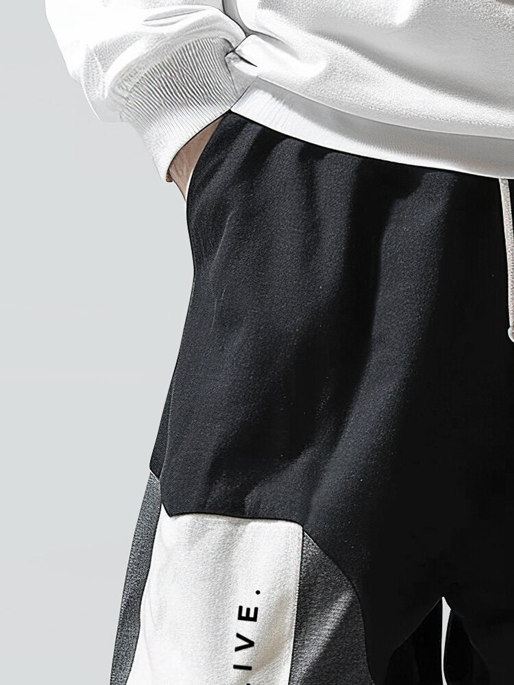 Mens Slogan Print Color Block Patchwork Casual Drawstring Waist Pants