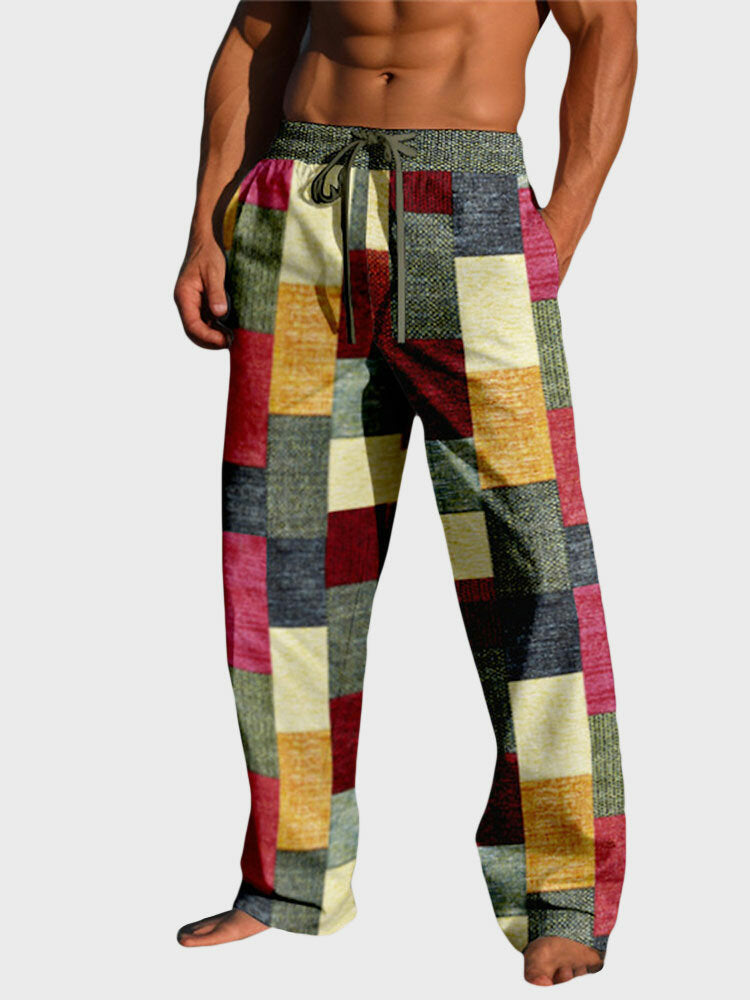 Mens Color Block Patchwork Drawstring Waist Straight Pants