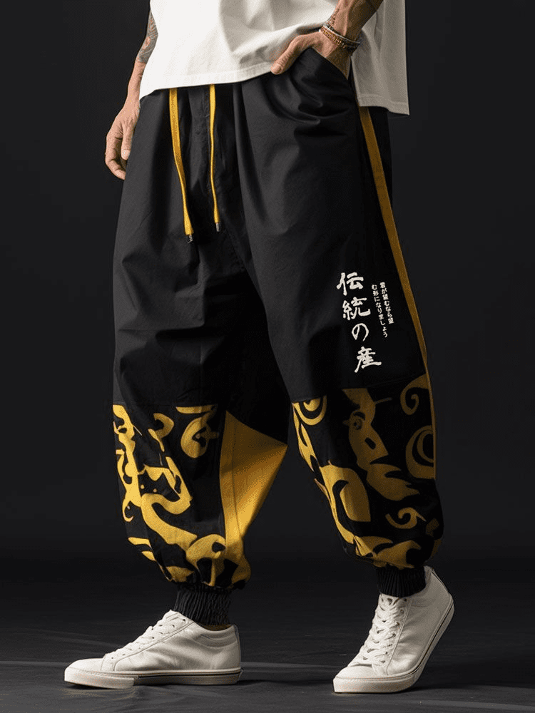 ChArmkpR Mens Japanese Print Patchwork Loose Drawstring Waist Pants