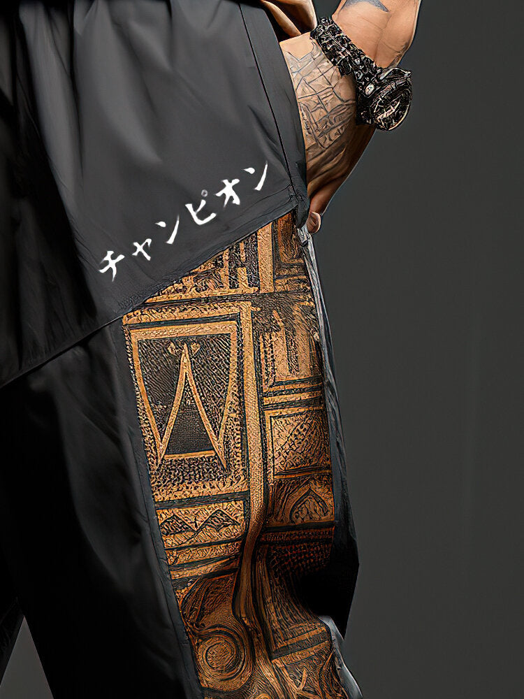 Mens Ethnic Tribal Geometric Print Patchwork Japanese Embroidered Drawstring Pants