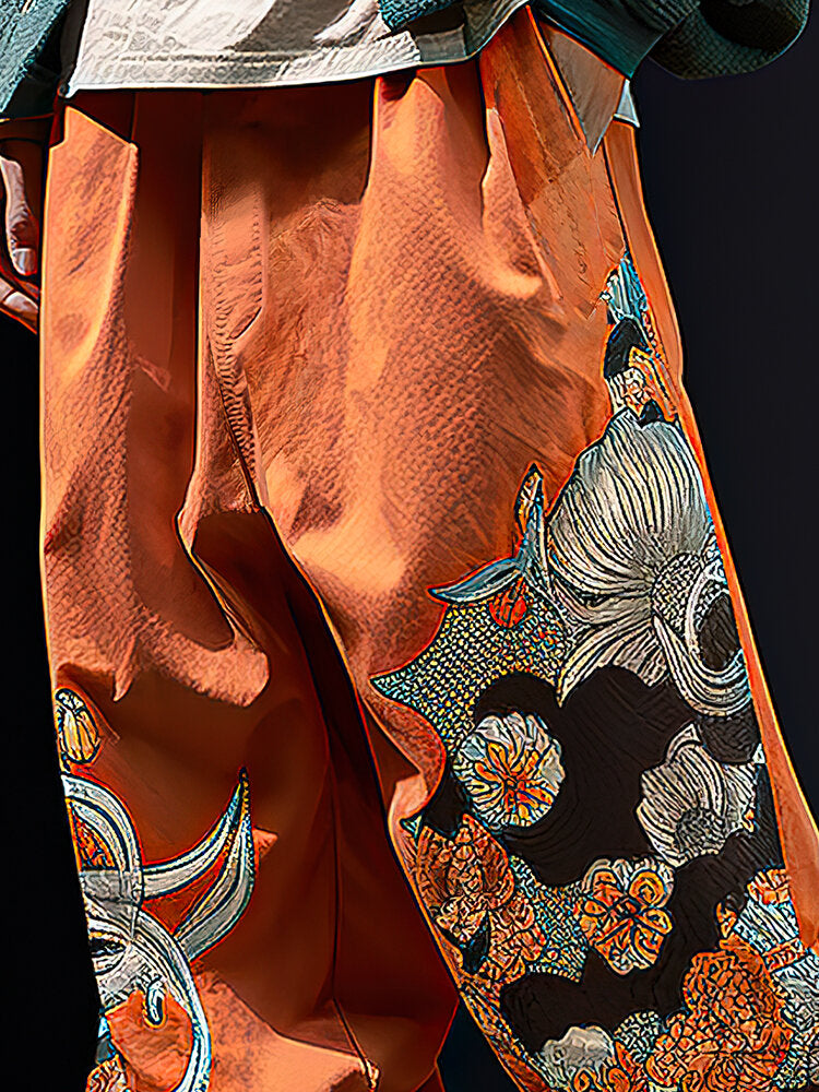 Mens Chinese Style Floral Print Elastic Cuff Loose Pants