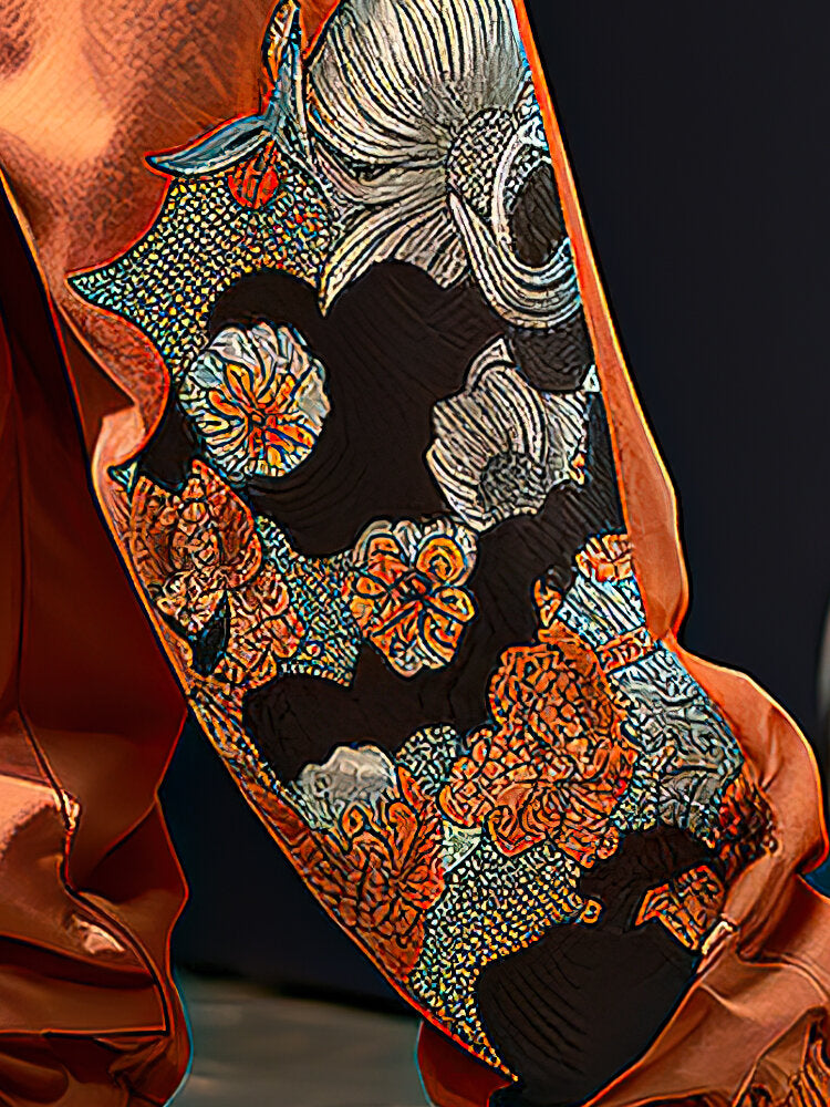 Mens Chinese Style Floral Print Elastic Cuff Loose Pants