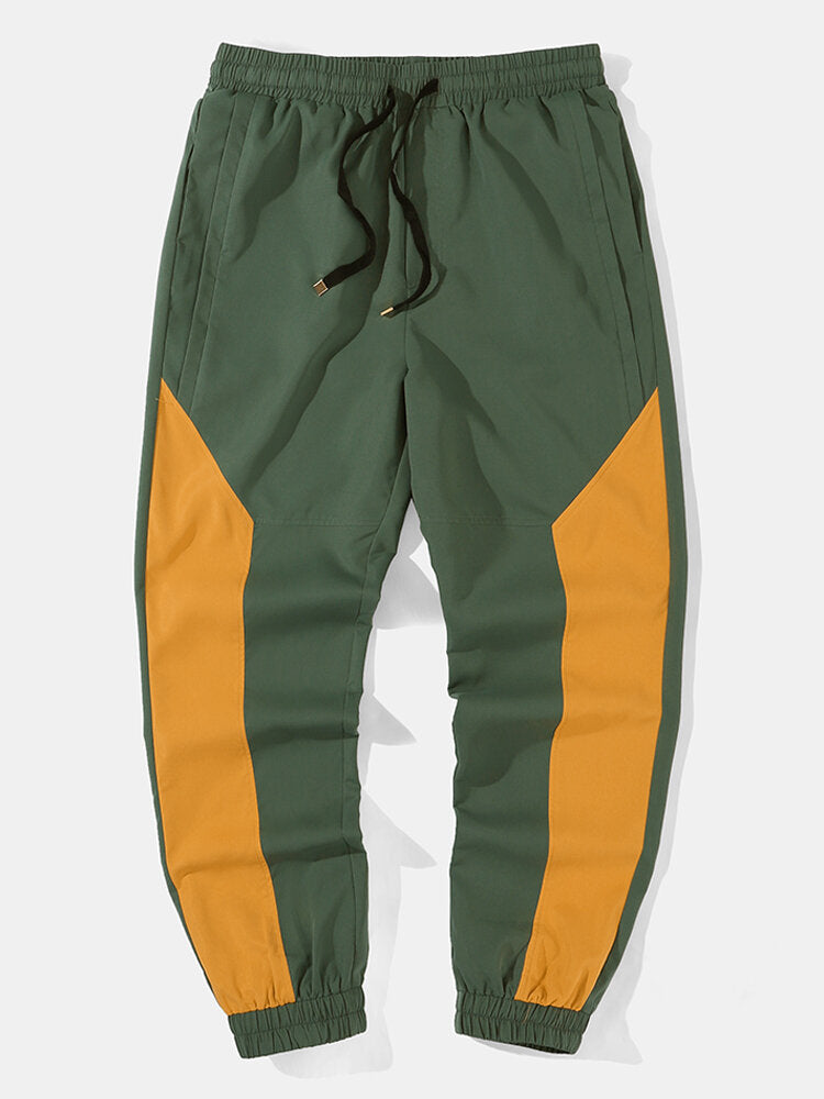 Mens Two Tone Patchwork Drawstring Waist Loose Jogger Pants