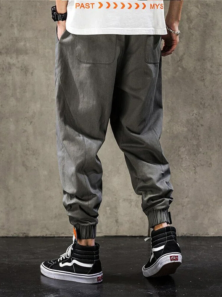 Mens Japanese Embroidered Seam Detail Casual Drawstring Waist Pants