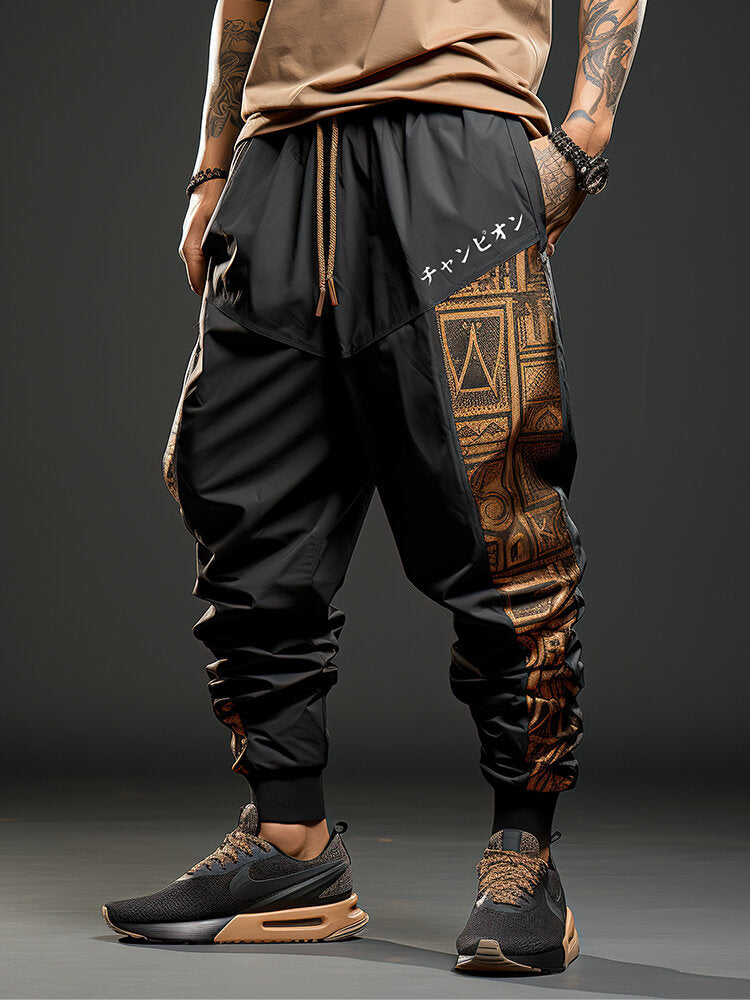 Mens Ethnic Tribal Geometric Print Patchwork Japanese Embroidered Drawstring Pants