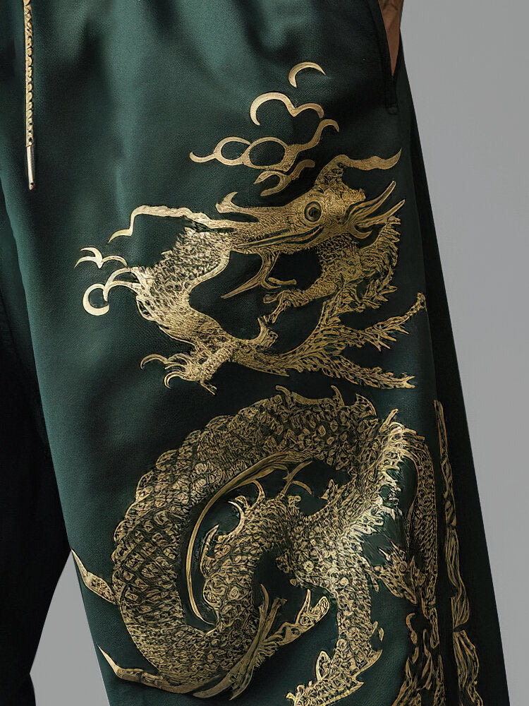 Mens Chinese Dragon Print Loose Drawstring Waist Pants With Pocket