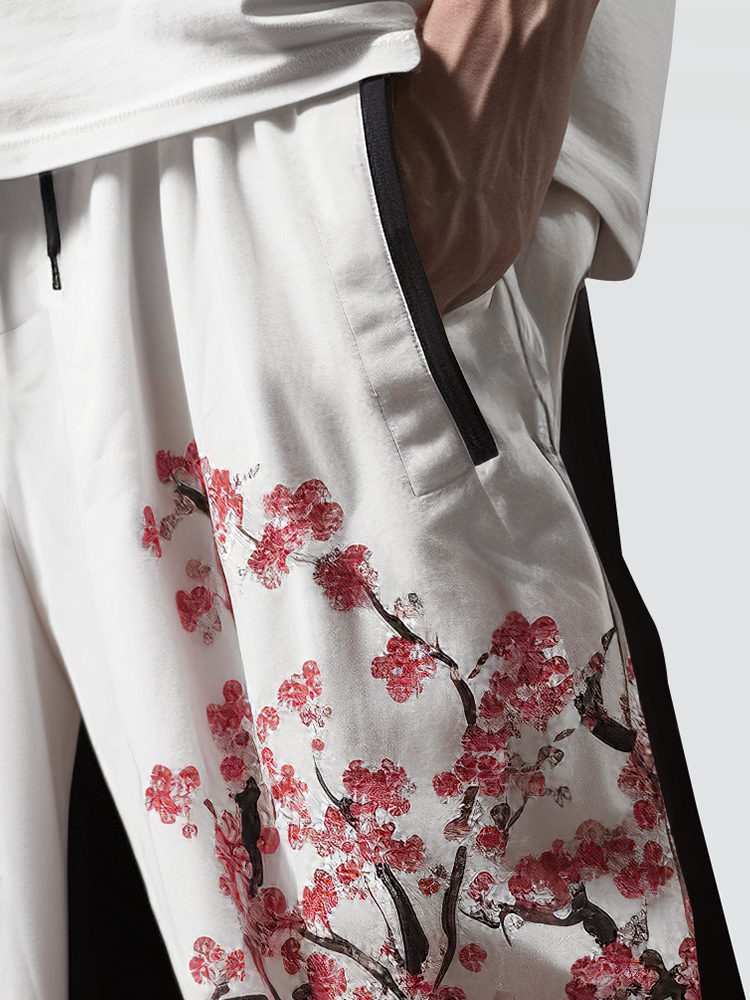 ChArmkpR Mens Japanese Floral Print Patchwork Drawstring Waist Straight Pants