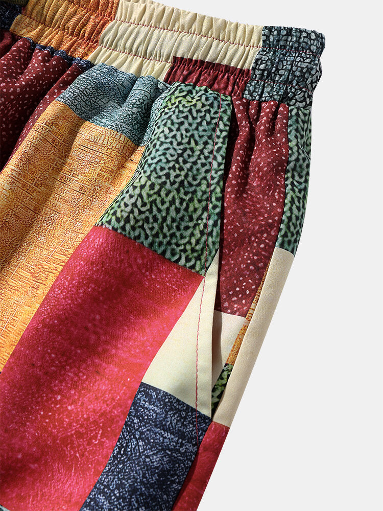 Mens Color Block Patchwork Drawstring Waist Straight Pants