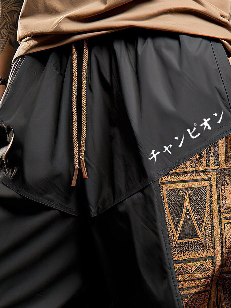 Mens Ethnic Tribal Geometric Print Patchwork Japanese Embroidered Drawstring Pants