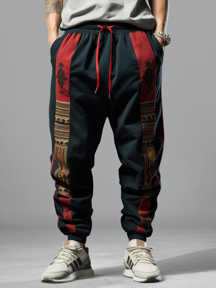 Mens Ethnic Totem Print Patchwork Loose Drawstring Waist Pants