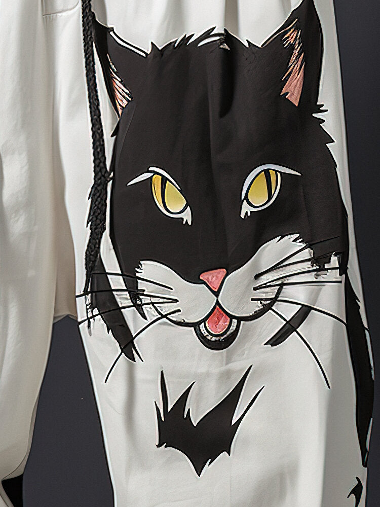 Mens Cartoon Cat Print Casual Loose Drawstring Waist Pants
