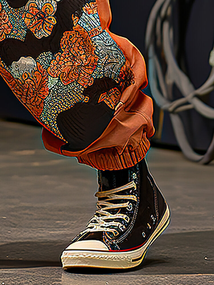 Mens Chinese Style Floral Print Elastic Cuff Loose Pants