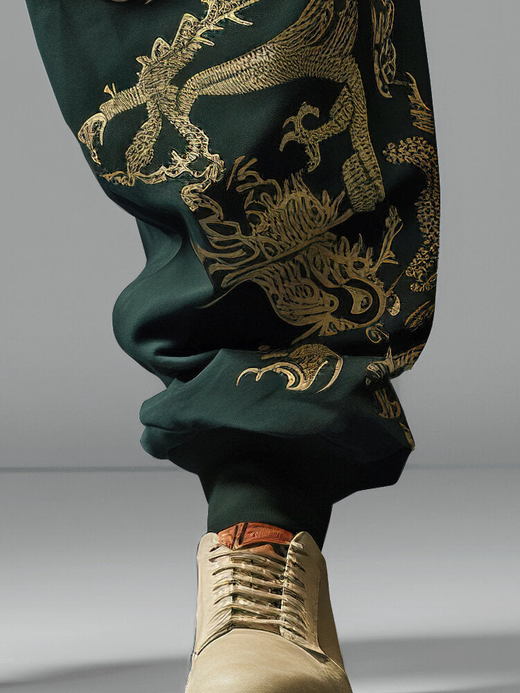 Mens Chinese Dragon Print Loose Drawstring Waist Pants With Pocket