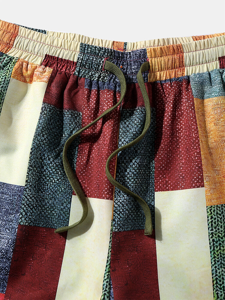 Mens Color Block Patchwork Drawstring Waist Straight Pants