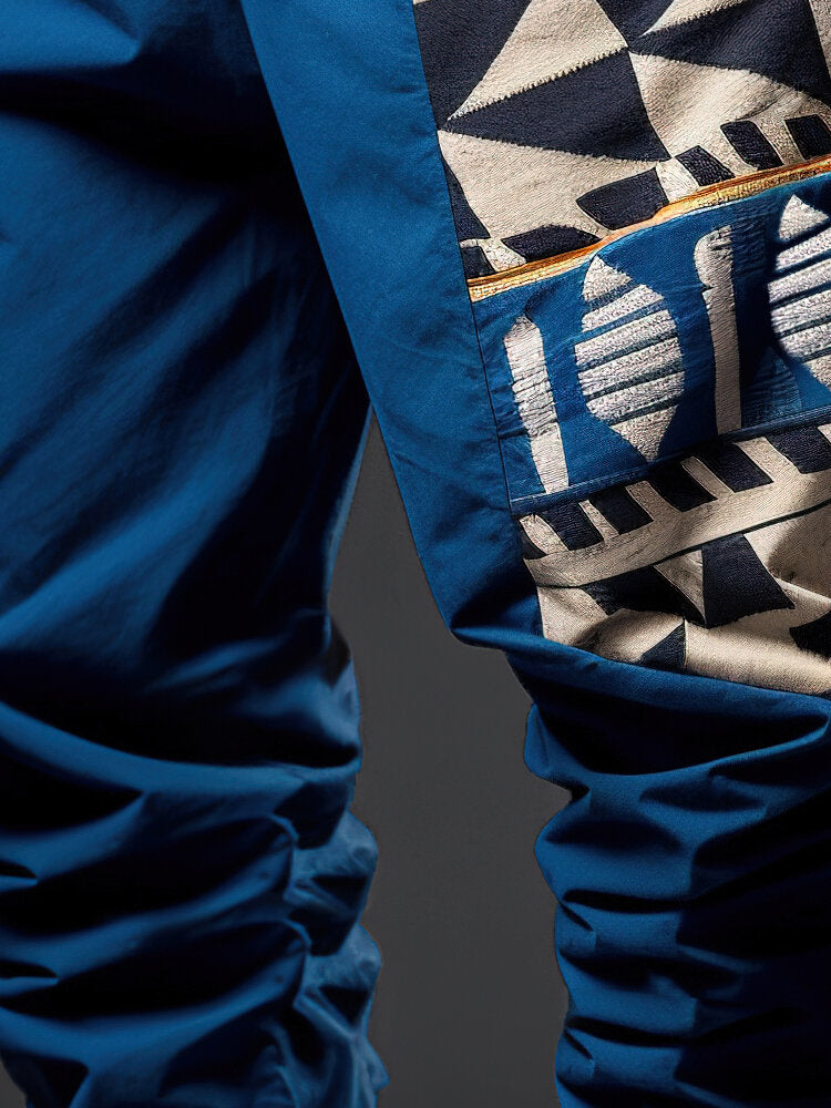 Mens Ethnic Geometric Print Patchwork Loose Drawstring Waist Pants