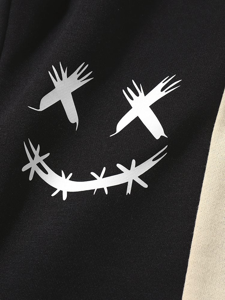 ChArmkpR Mens Smile Face Print Contrast Patchwork Loose Cuffed Sweatpants