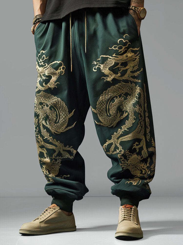 Mens Chinese Dragon Print Loose Drawstring Waist Pants With Pocket