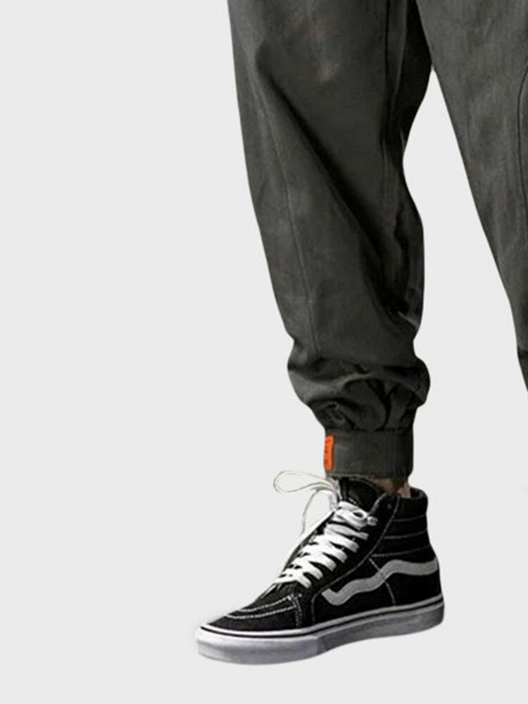 Mens Japanese Embroidered Seam Detail Casual Drawstring Waist Pants