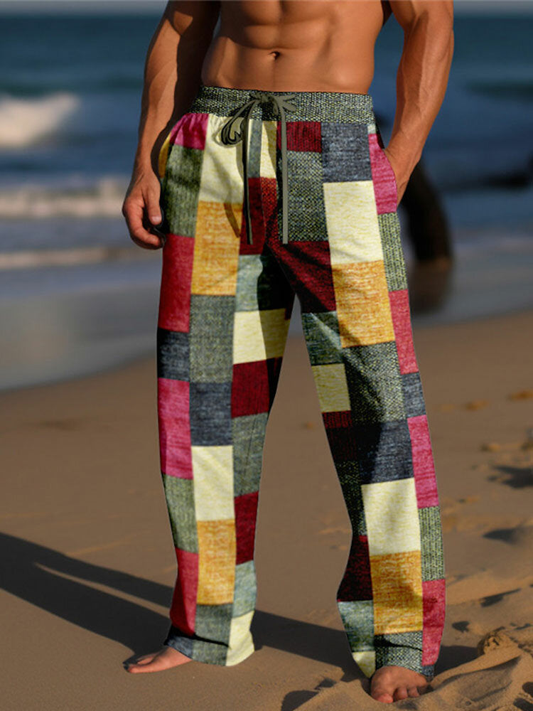 Mens Color Block Patchwork Drawstring Waist Straight Pants