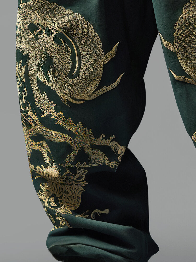 Mens Chinese Dragon Print Loose Drawstring Waist Pants With Pocket