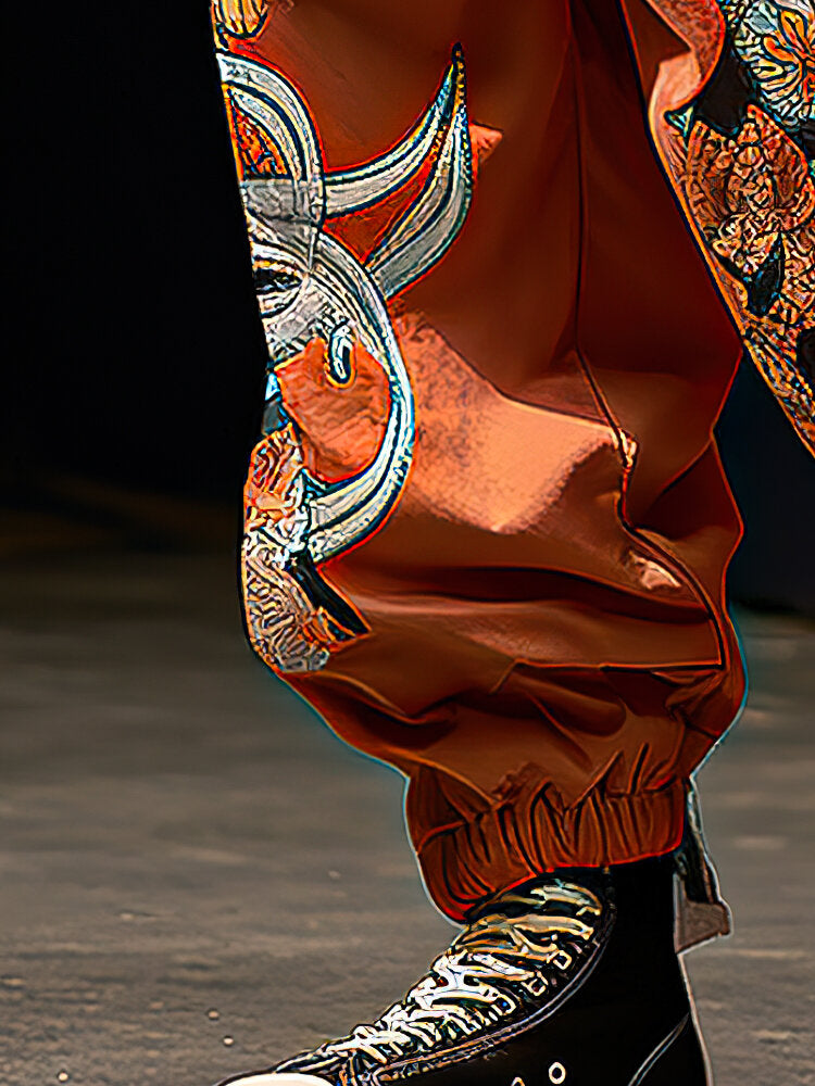 Mens Chinese Style Floral Print Elastic Cuff Loose Pants