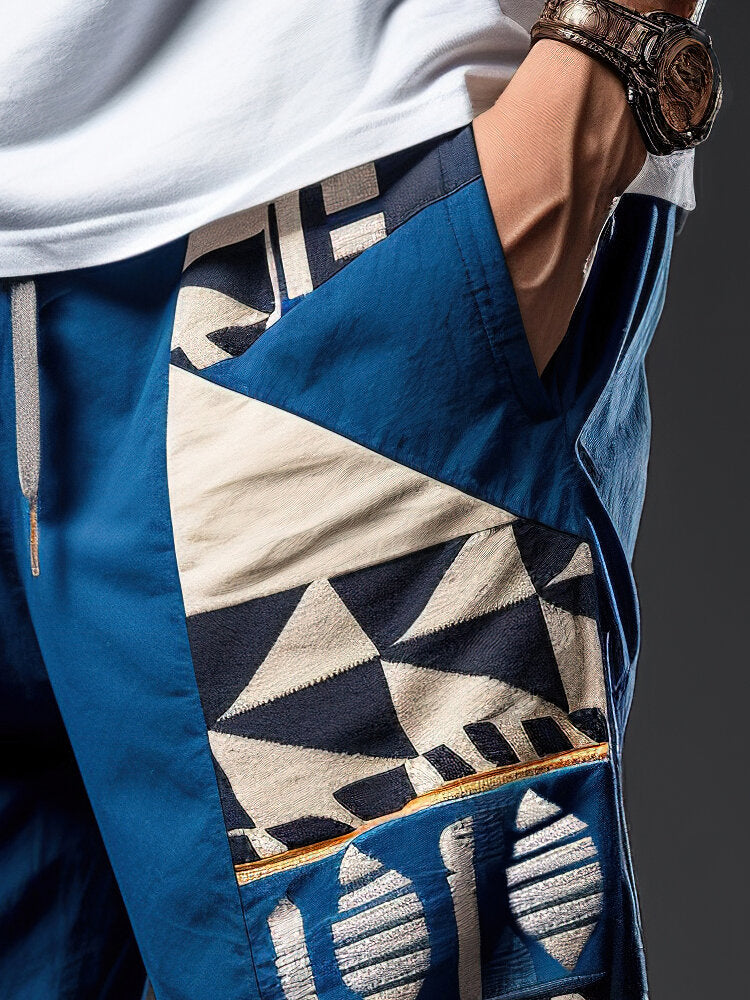 Mens Ethnic Geometric Print Patchwork Loose Drawstring Waist Pants