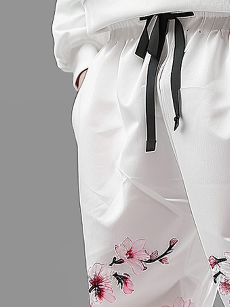 Mens Japanese Floral Print Drawstring Waist Loose Elastic Cuff Pants