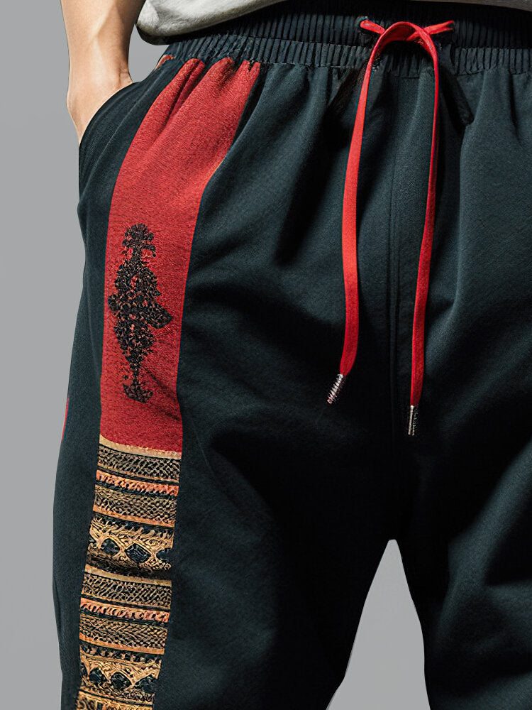 Mens Ethnic Totem Print Patchwork Loose Drawstring Waist Pants