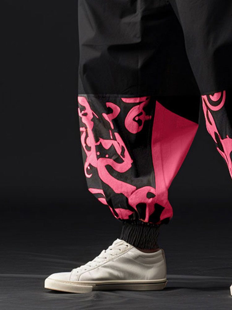 ChArmkpR Mens Japanese Print Patchwork Loose Drawstring Waist Pants