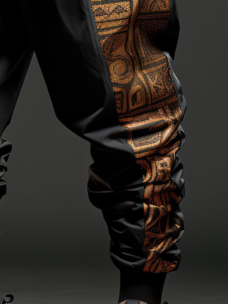 Mens Ethnic Tribal Geometric Print Patchwork Japanese Embroidered Drawstring Pants