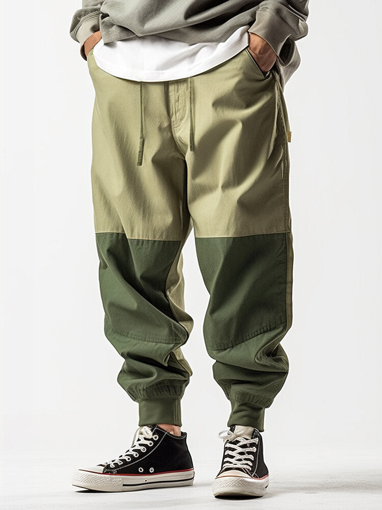Mens Two Tone Patchwork Casual Drawstring Waist Loose Pants