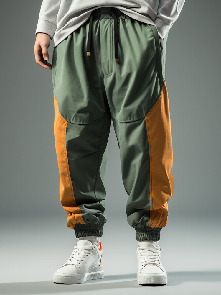 Mens Two Tone Patchwork Drawstring Waist Loose Jogger Pants