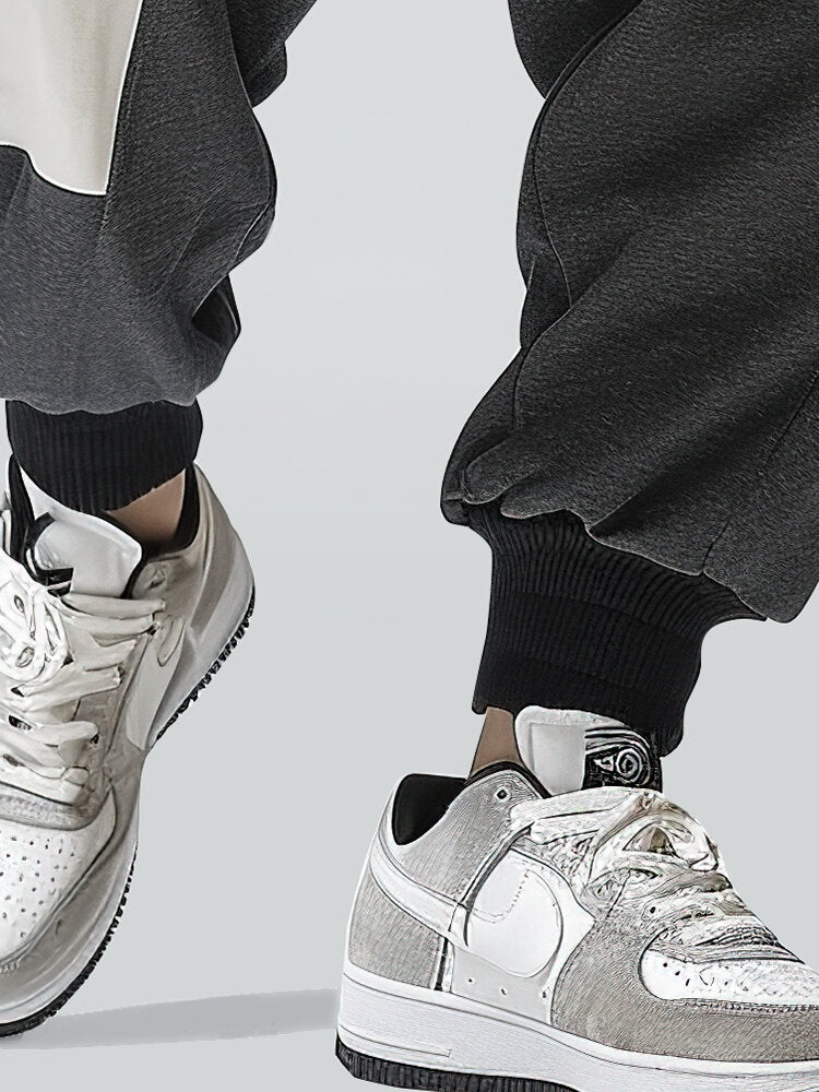 Mens Slogan Print Color Block Patchwork Casual Drawstring Waist Pants