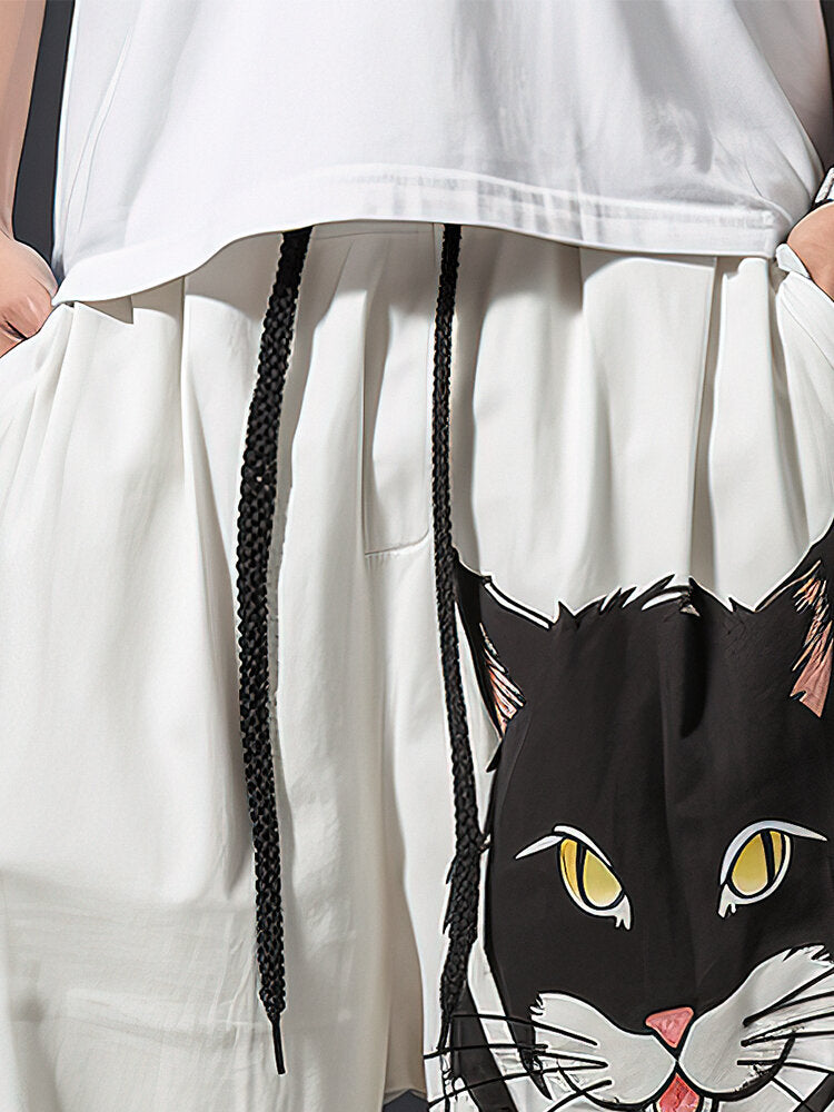 Mens Cartoon Cat Print Casual Loose Drawstring Waist Pants