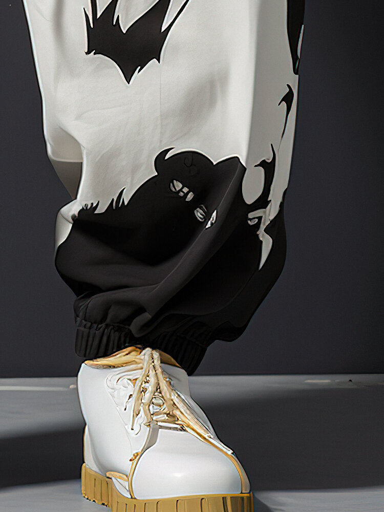 Mens Cartoon Cat Print Casual Loose Drawstring Waist Pants