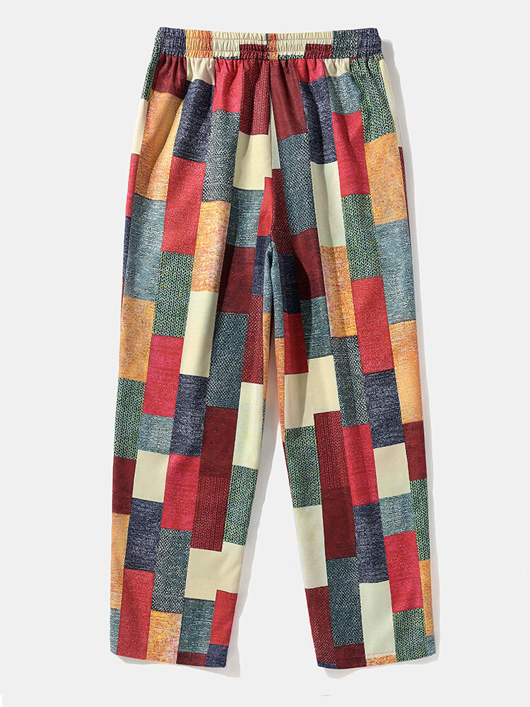 Mens Color Block Patchwork Drawstring Waist Straight Pants