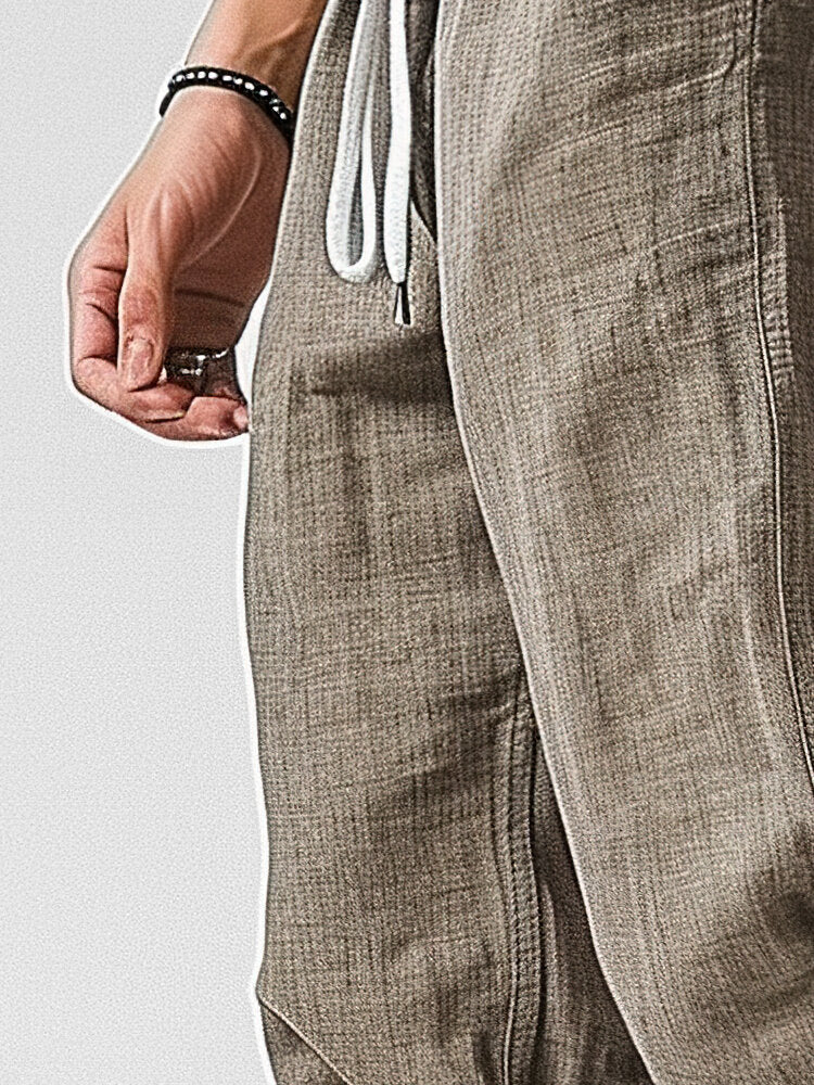 Mens Solid Casual Loose Drawstring Waist Pants With Pocket