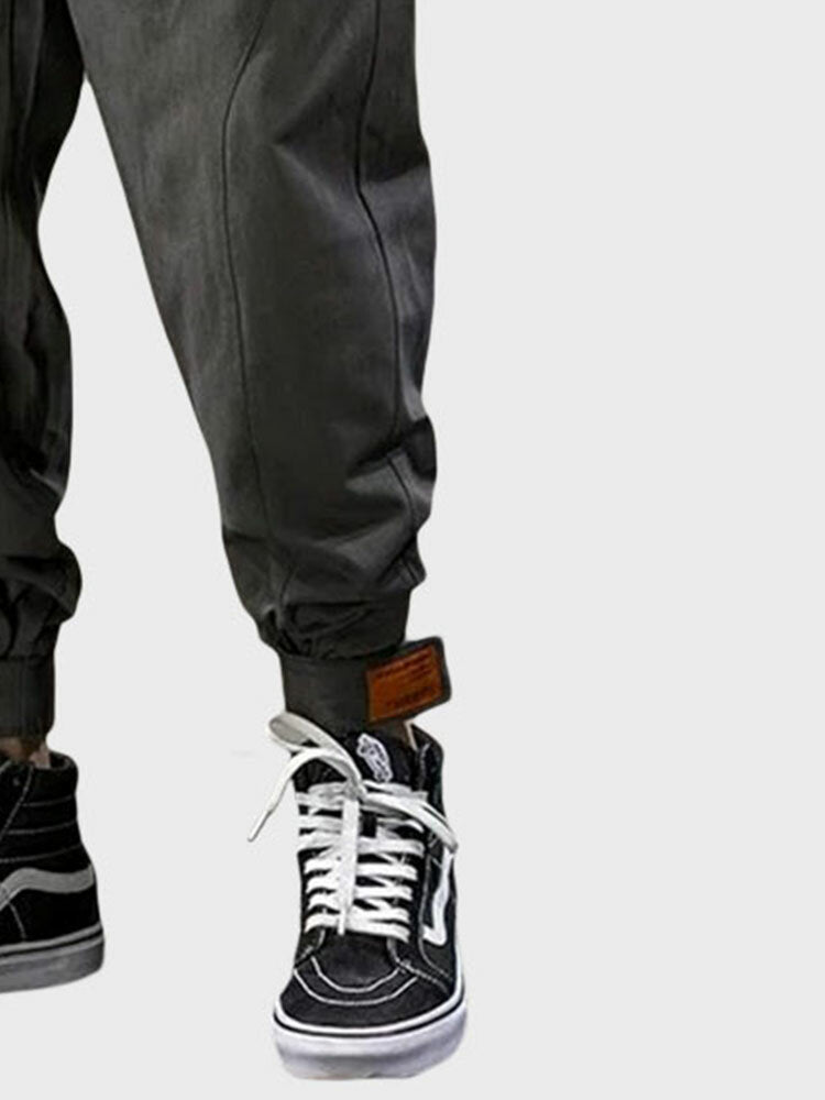 Mens Japanese Embroidered Seam Detail Casual Drawstring Waist Pants