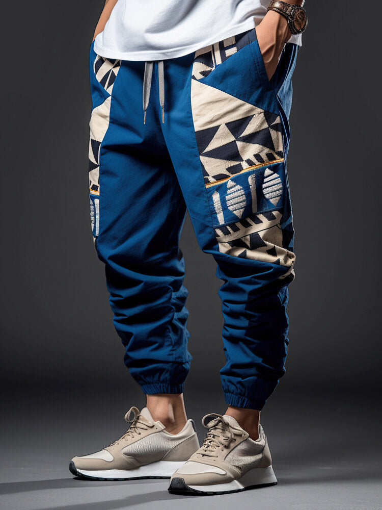 Mens Ethnic Geometric Print Patchwork Loose Drawstring Waist Pants