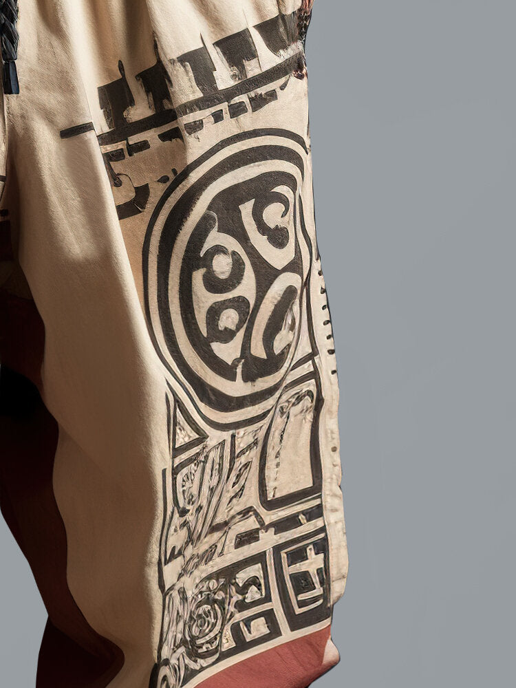 Mens Chinese Tribal Geometric Print Patchwork Drawstring Waist Pants