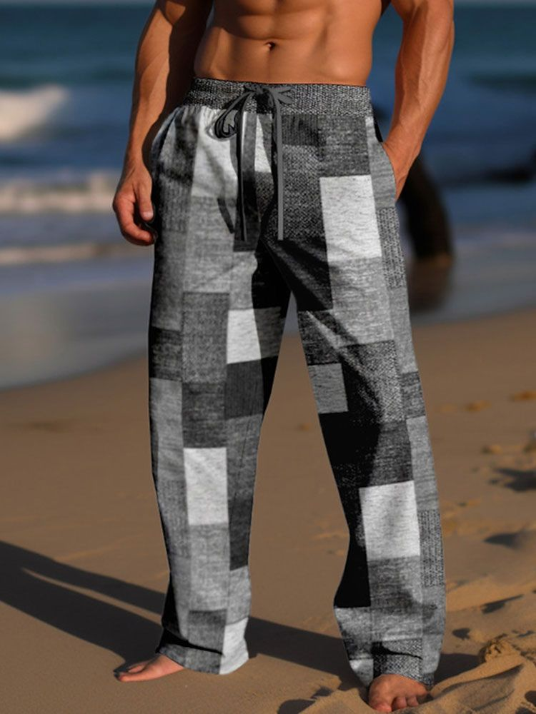 Mens Color Block Patchwork Drawstring Waist Straight Pants