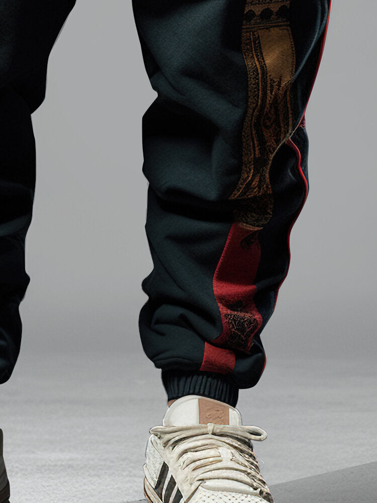 Mens Ethnic Totem Print Patchwork Loose Drawstring Waist Pants