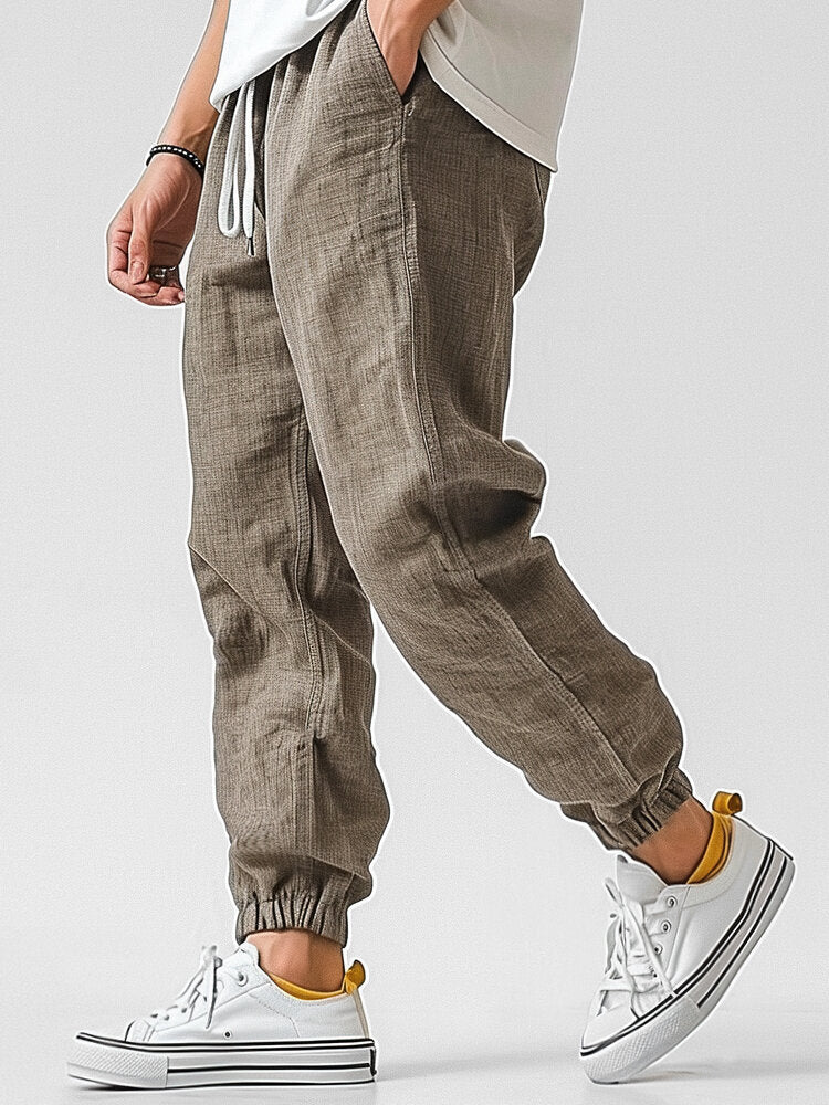 Mens Solid Casual Loose Drawstring Waist Pants With Pocket