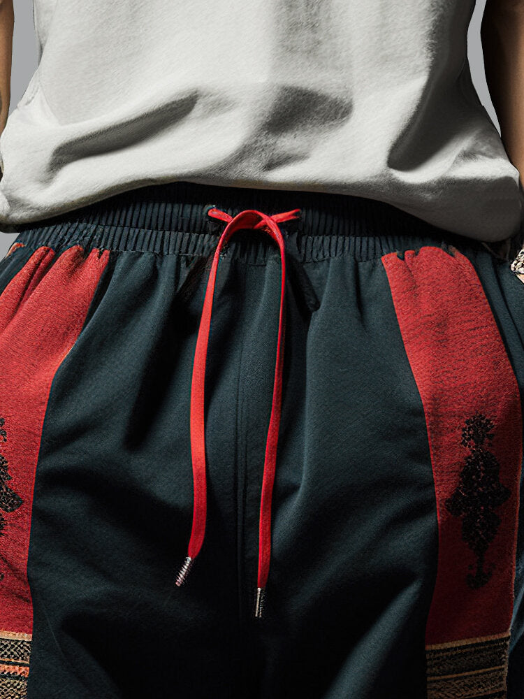 Mens Ethnic Totem Print Patchwork Loose Drawstring Waist Pants