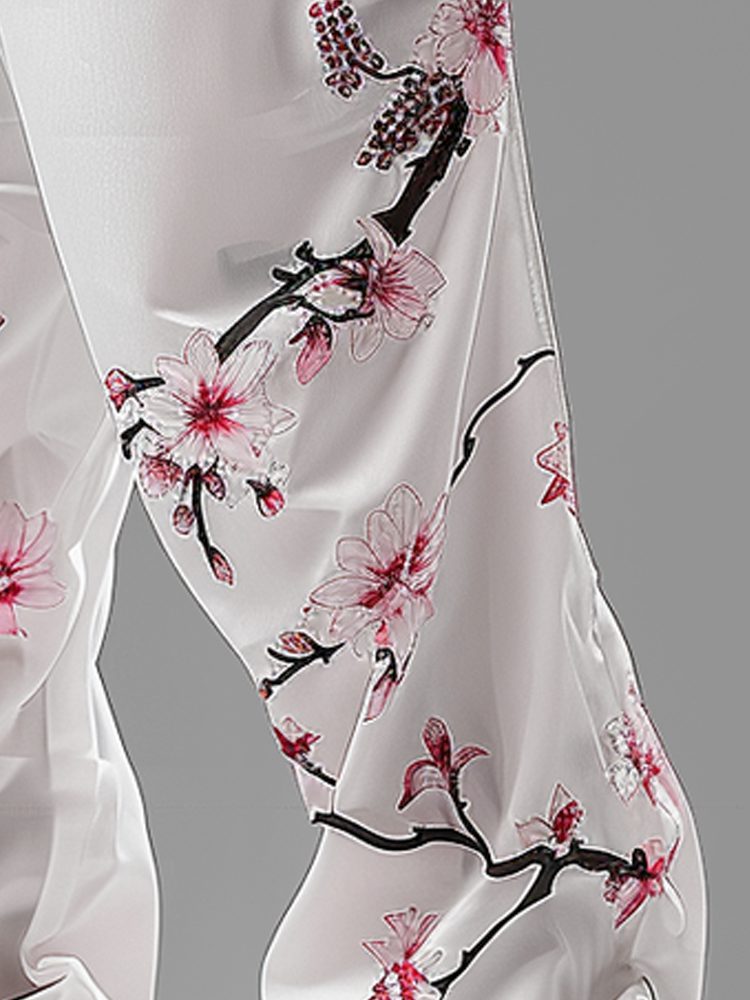 Mens Japanese Floral Print Drawstring Waist Loose Elastic Cuff Pants