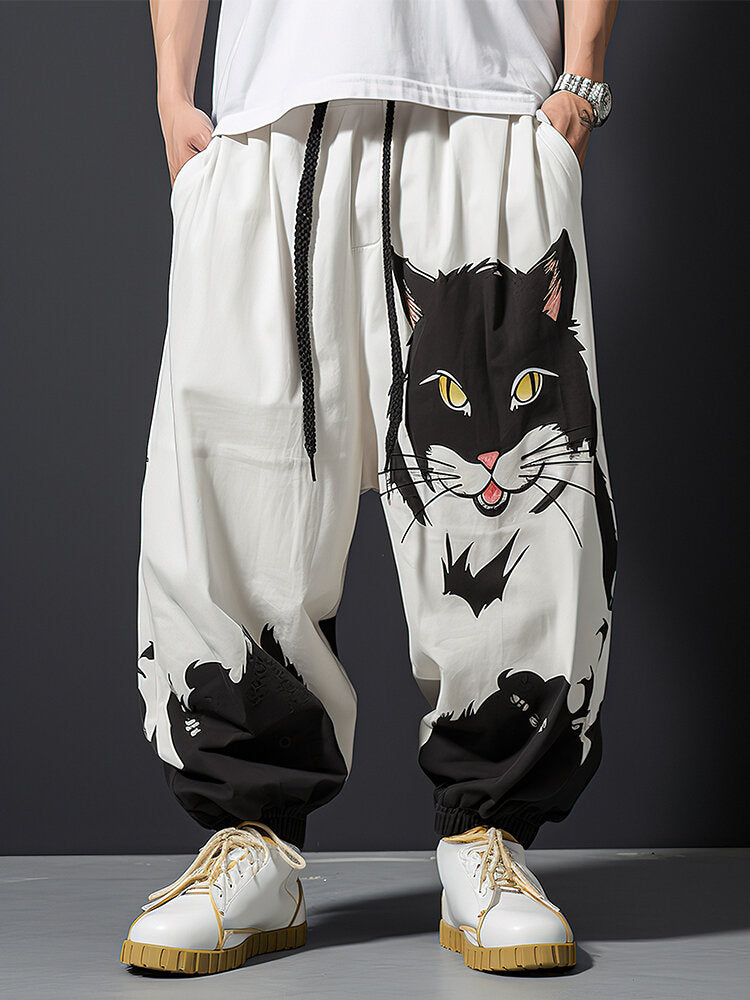 Mens Cartoon Cat Print Casual Loose Drawstring Waist Pants