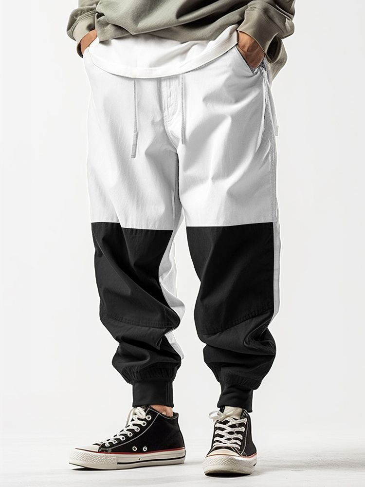 Mens Two Tone Patchwork Casual Drawstring Waist Loose Pants